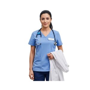 Female Veterinary Doctor Uniform – Light Blue Scrub Top with Navy Pants